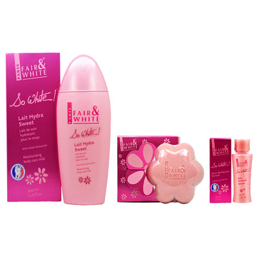 Fair & White So White Lait Hydra Sweet Body Milk 17.6oz + Savon Gommant Exfoliating Soap 7oz + Skin Perfector Serum 1oz