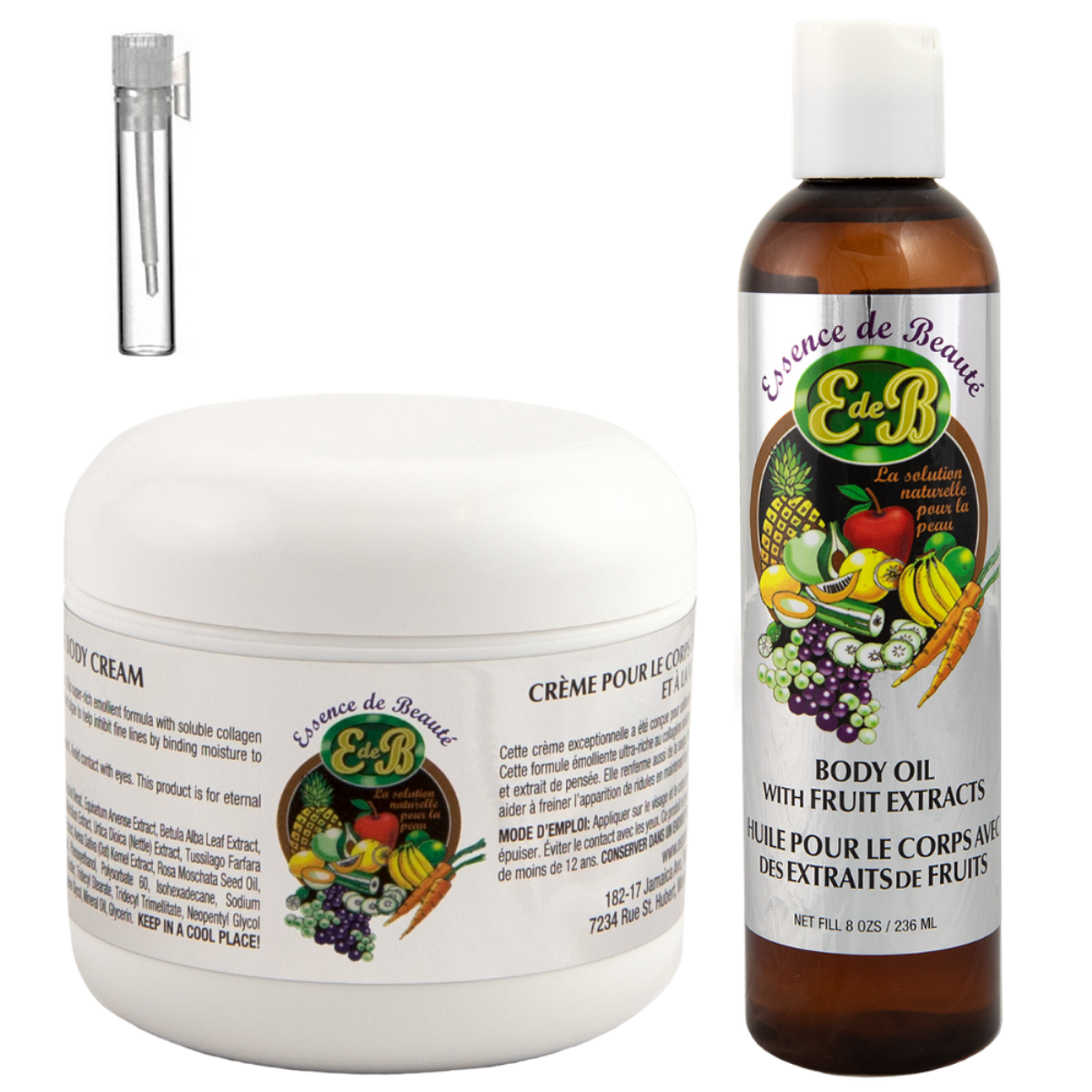 Essence de Beaute Collagen & Vitamin E Face & Body Cream 4oz + Body Oil 8oz + With Free Designer Perfume Sample 1oz